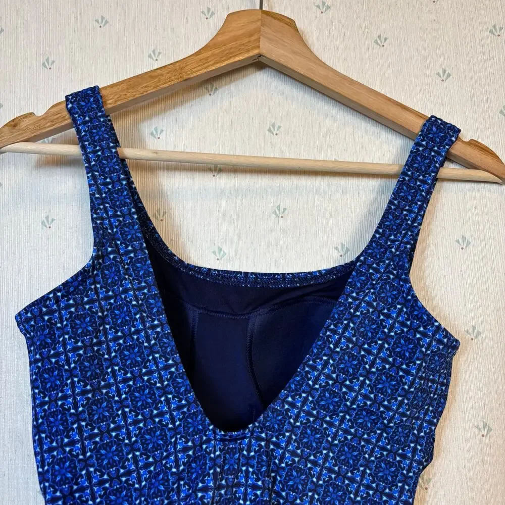 Lands End Tugless Low Leg One Piece Swimsuit 8L Navy Mosaic Mini Tile UPF50  NWT - Picture 9 of 13